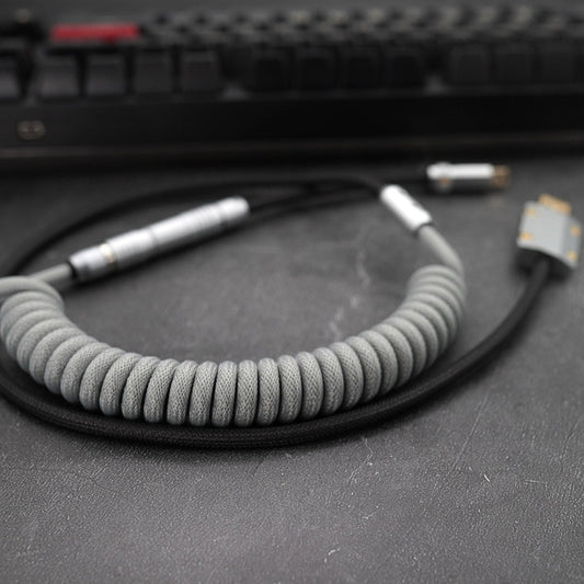 Sleeved Coiled Keyboard Aviator Cable, Lemo Style Connector - Grey/Black