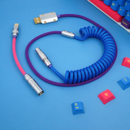 Sleeved Coiled Keyboard Aviator Cable, Lemo Style Connector - Blue/Purple/Pink