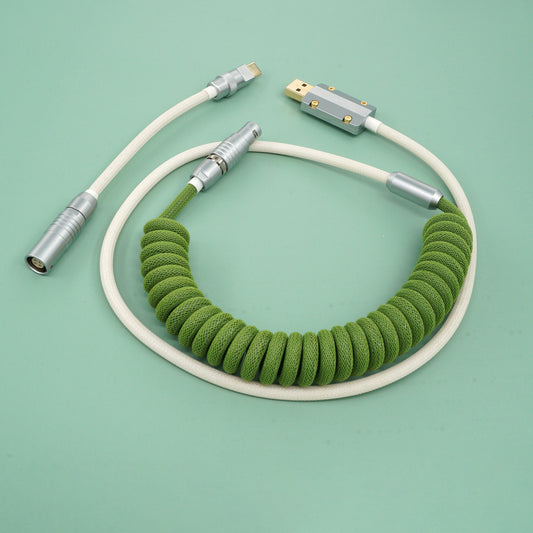 Sleeved Coiled Keyboard Aviator Cable, Lemo Style Connector - Grass Green/White