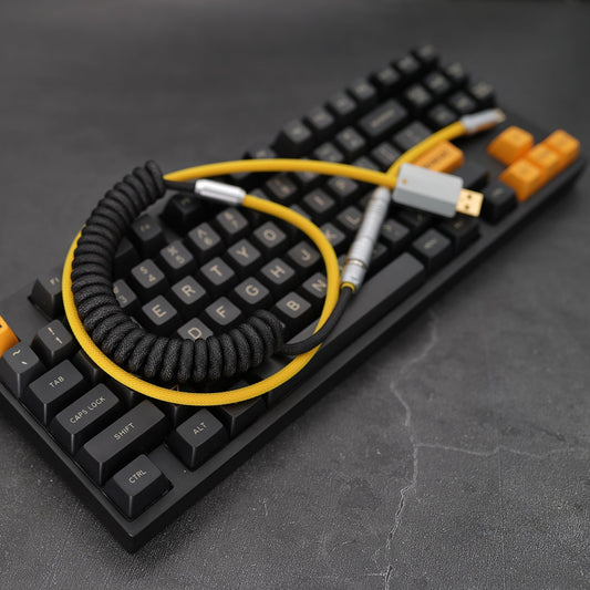 Sleeved Coiled Keyboard Cable, Lemo Style Connector - Black/Yellow