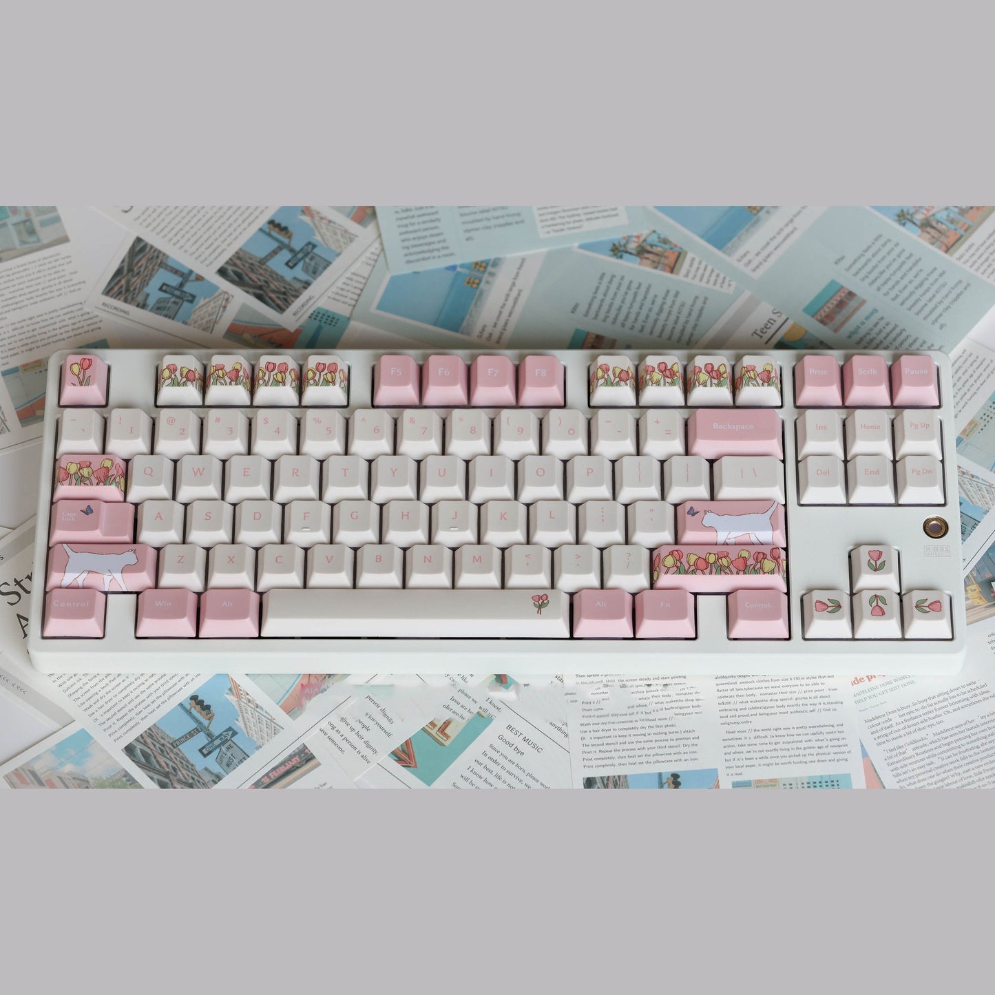 Keyria Labs Tulip & Cat Keycap Set, Cherry Profile, Dye Sub PBT Cute Key Cap