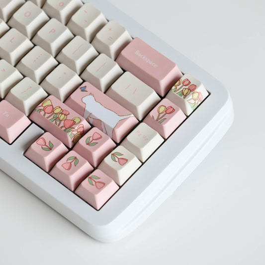 Keyria Labs Tulip & Cat Keycap Set, Cherry Profile, Dye Sub PBT Cute Key Cap