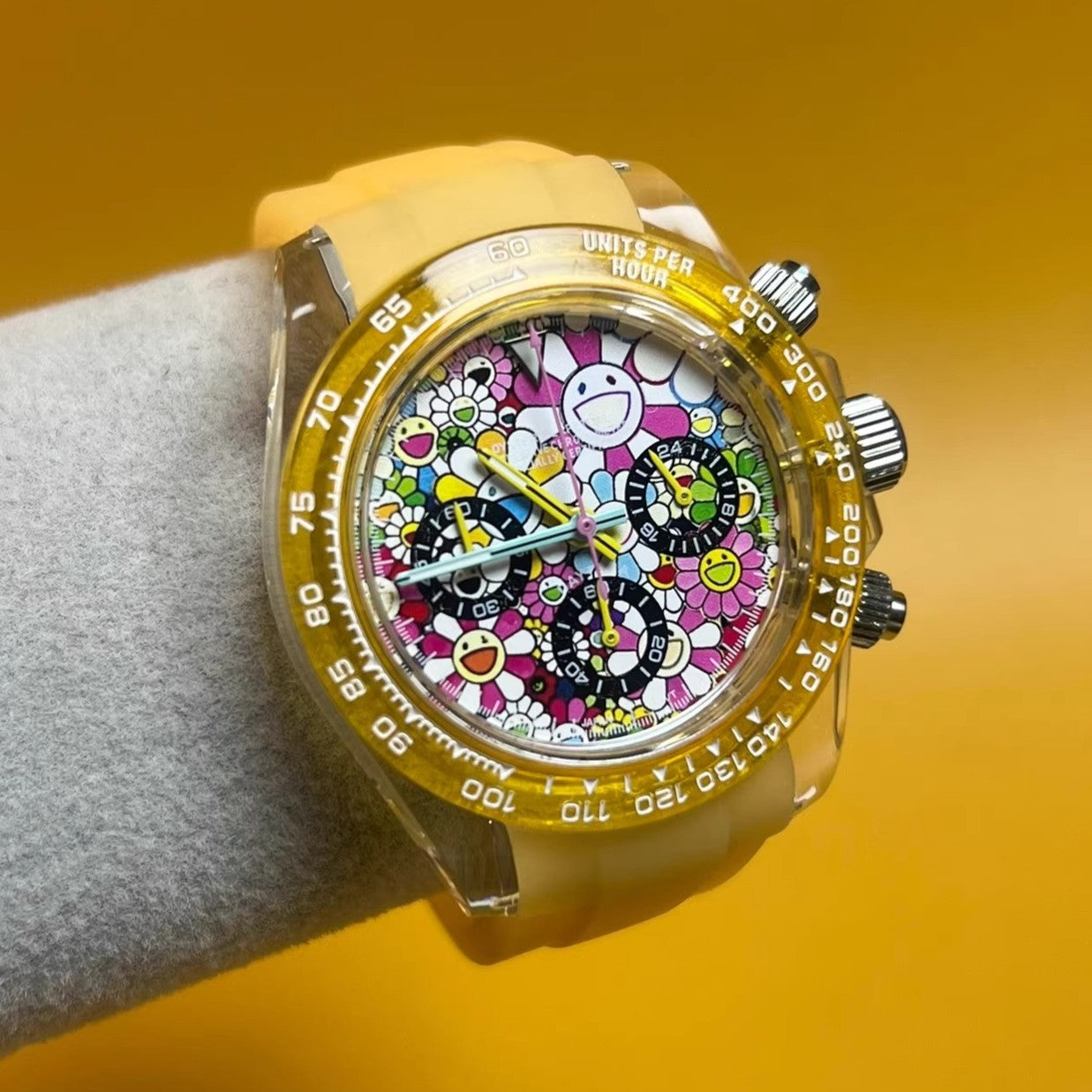 Flower Watch Mod - Chronograph / Clear Case & Yellow Transparent Bezel