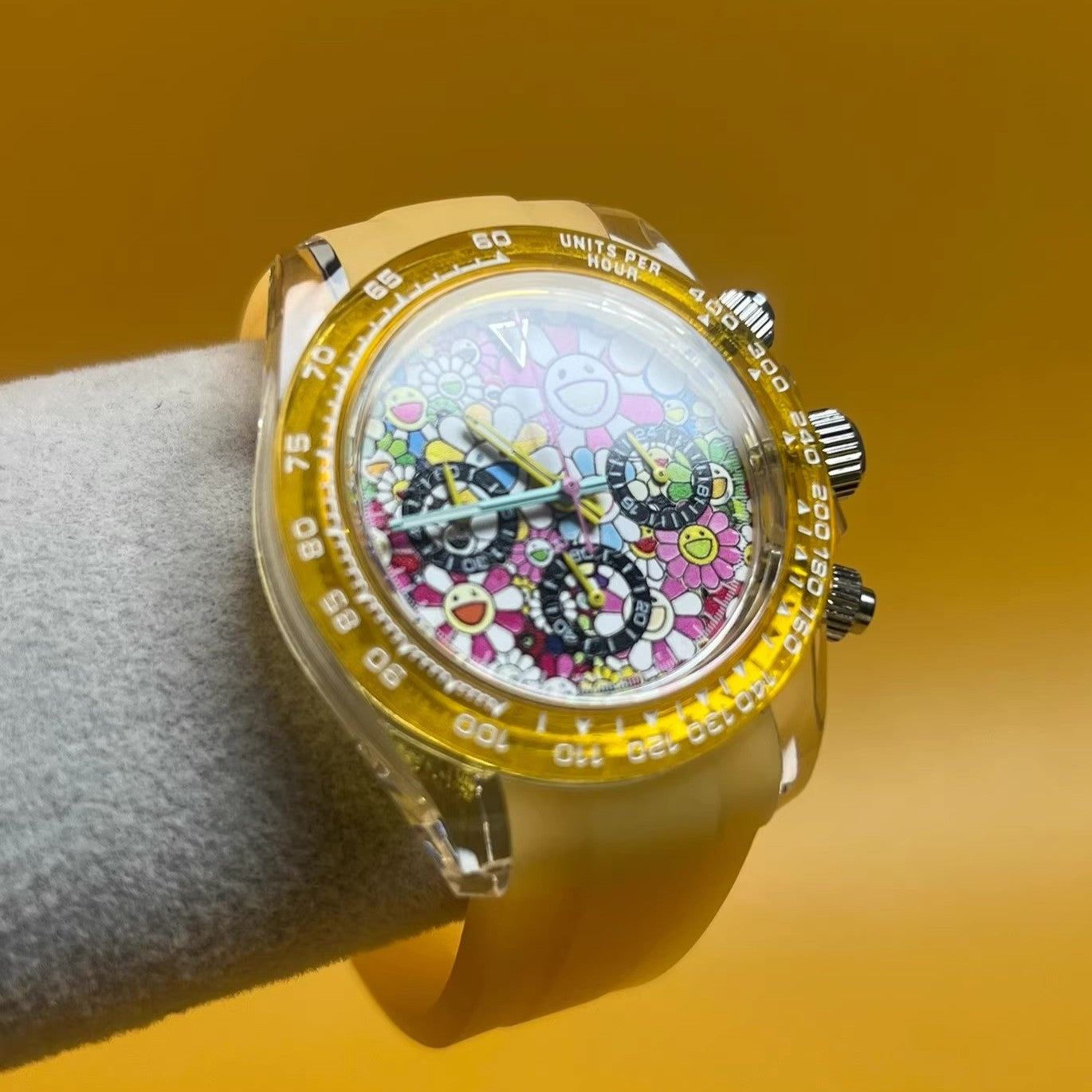 Flower Watch Mod - Chronograph / Clear Case & Yellow Transparent Bezel