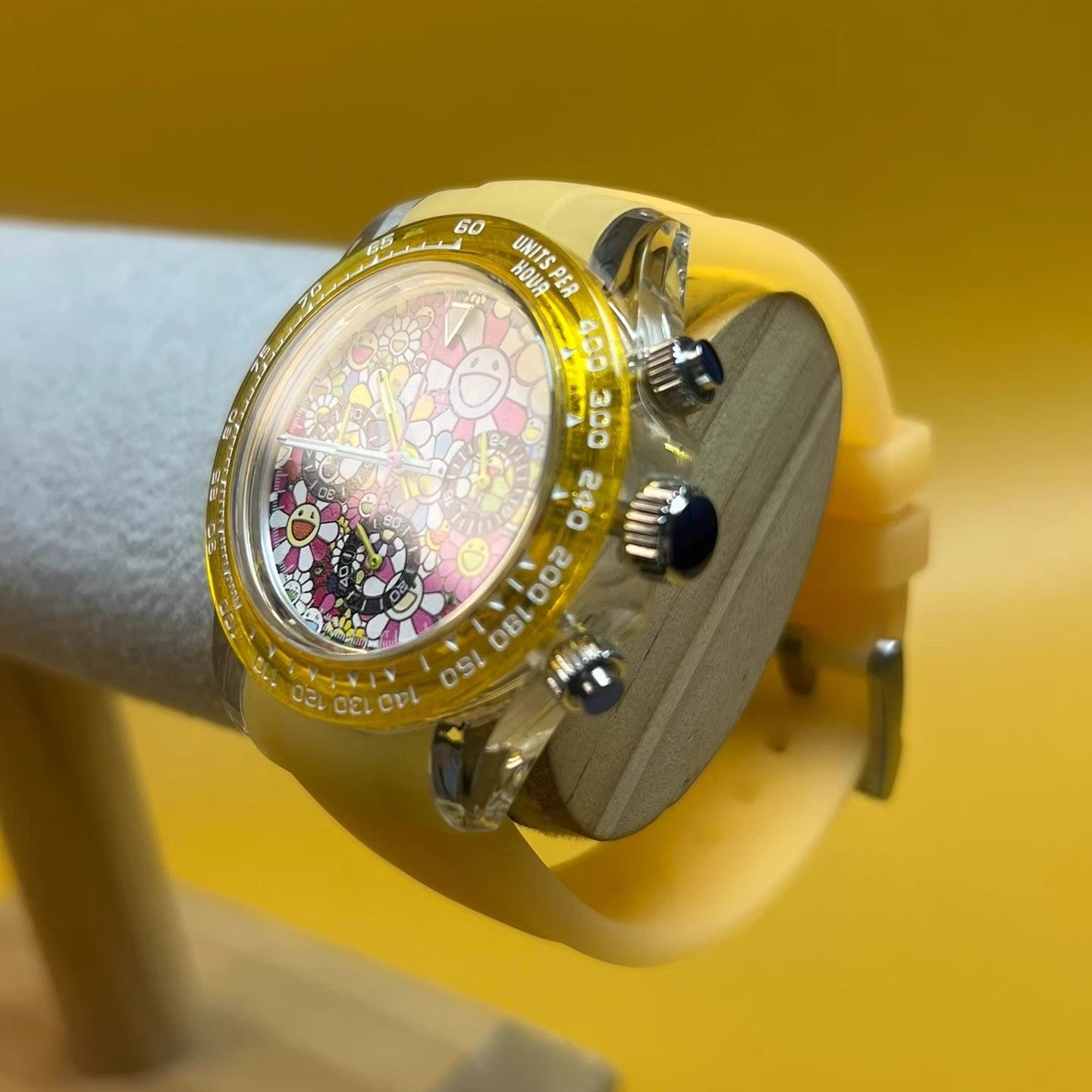 Flower Watch Mod - Chronograph / Clear Case & Yellow Transparent Bezel