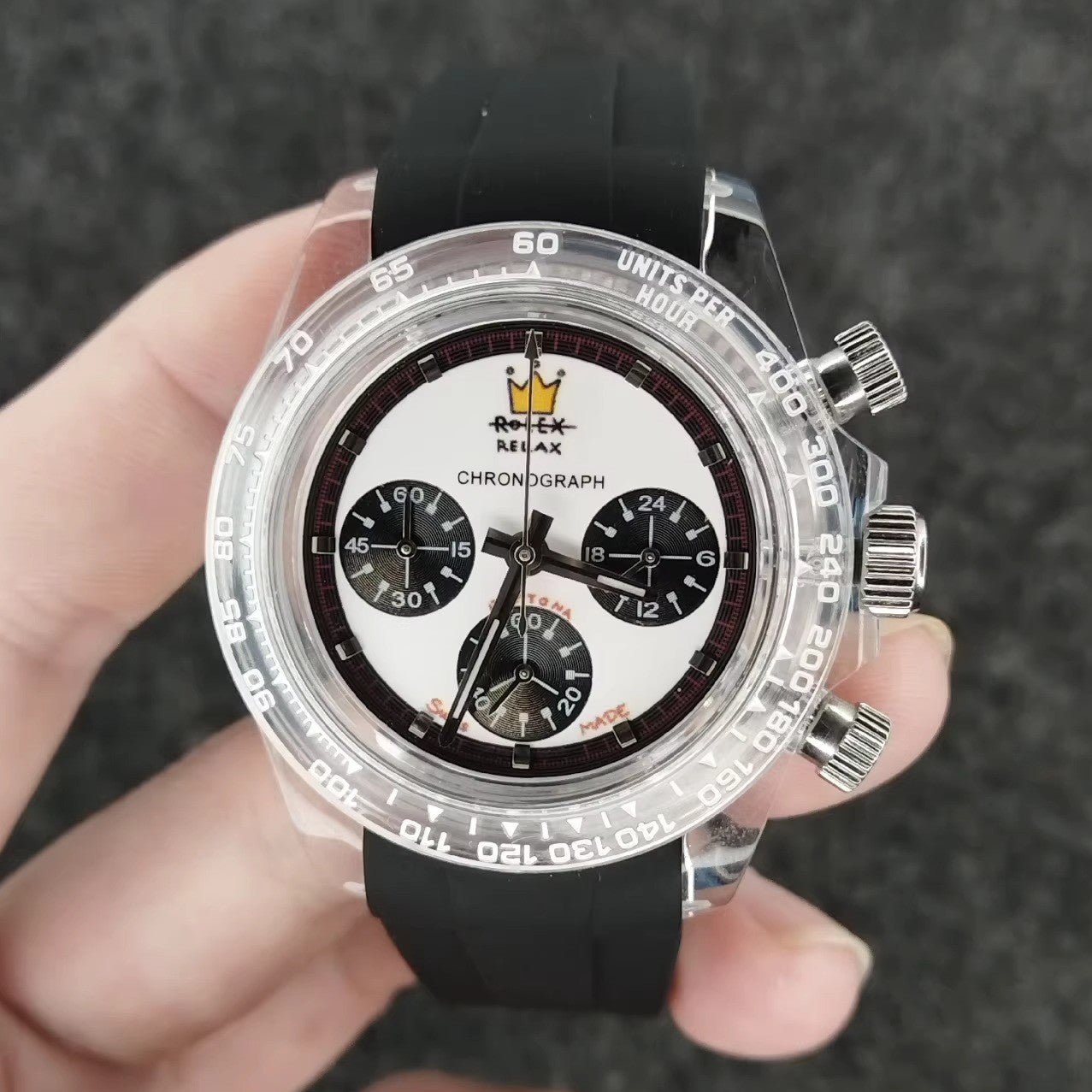 Relax Watch Mod (White/Black) - Chronograph / Clear Acrylic Case & Bezel