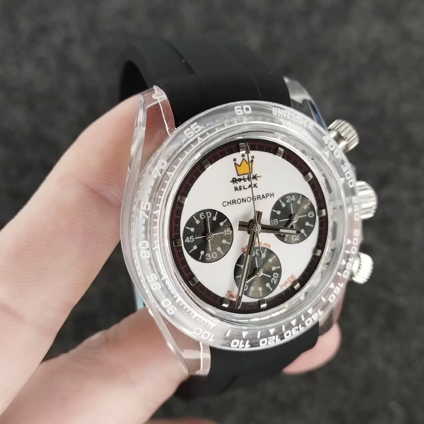 Relax Watch Mod (White/Black) - Chronograph / Clear Acrylic Case & Bezel