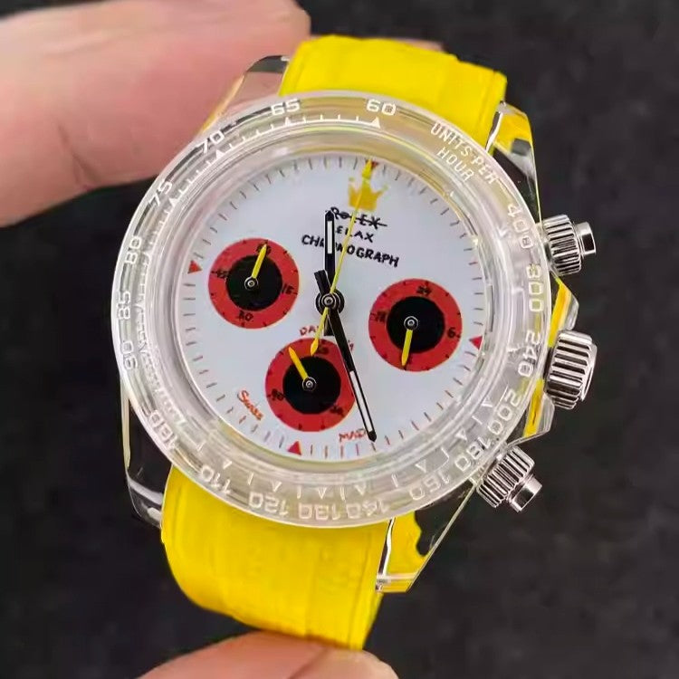 Relax Watch Mod (White/Red) - Chronograph / Clear Acrylic Case & Bezel