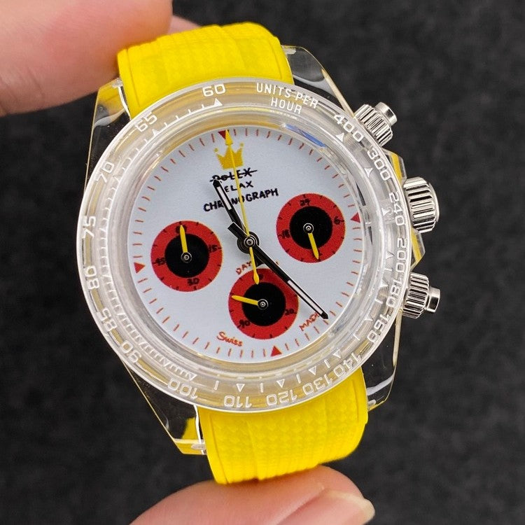 Relax Watch Mod (White/Red) - Chronograph / Clear Acrylic Case & Bezel