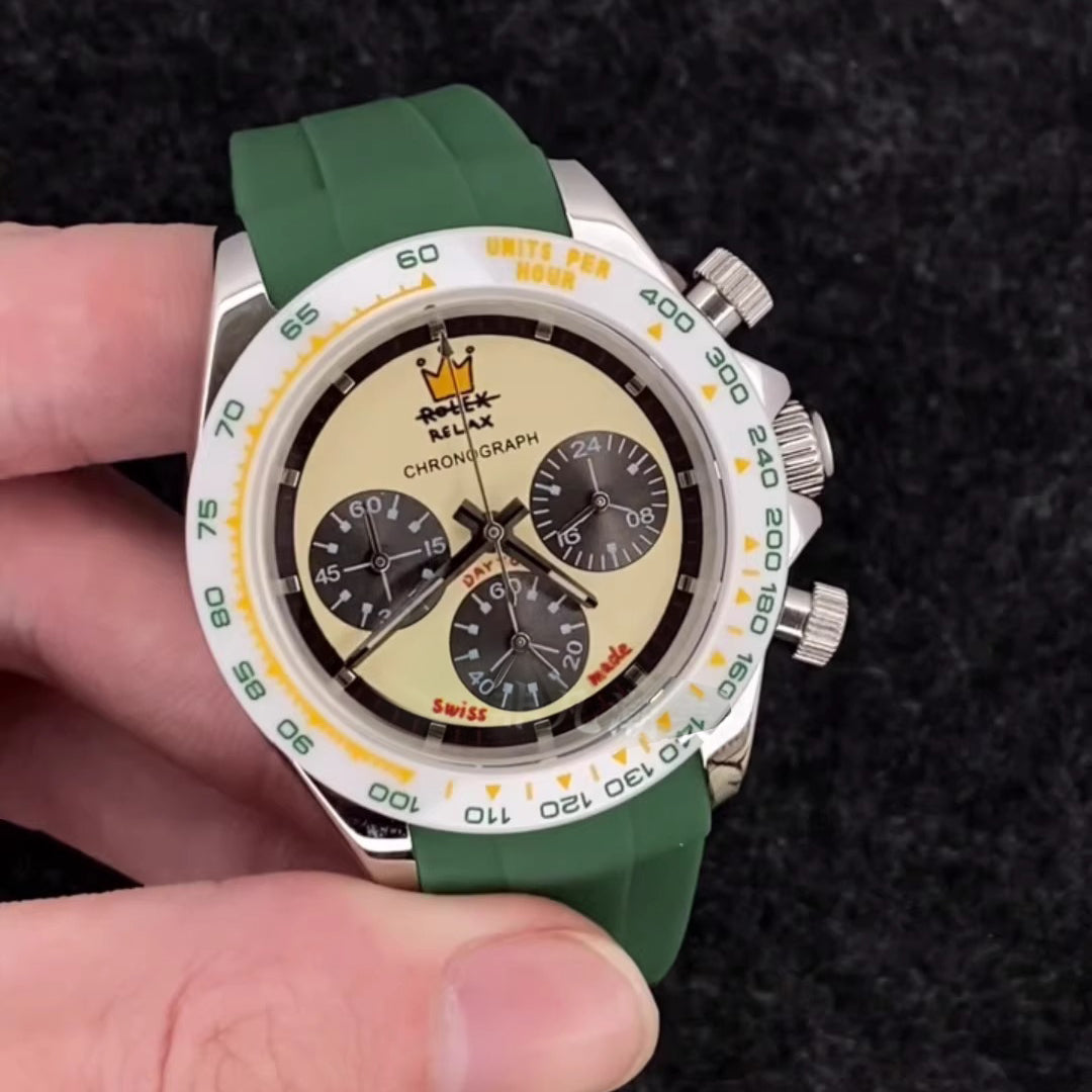 Relax Watch Mod (White/Green) - Chronograph / Steel Case