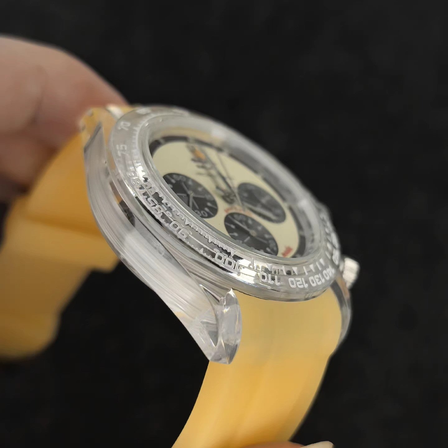 Relax Watch Mod (Yellow/Black) - Chronograph / Clear Acrylic Case & Bezel