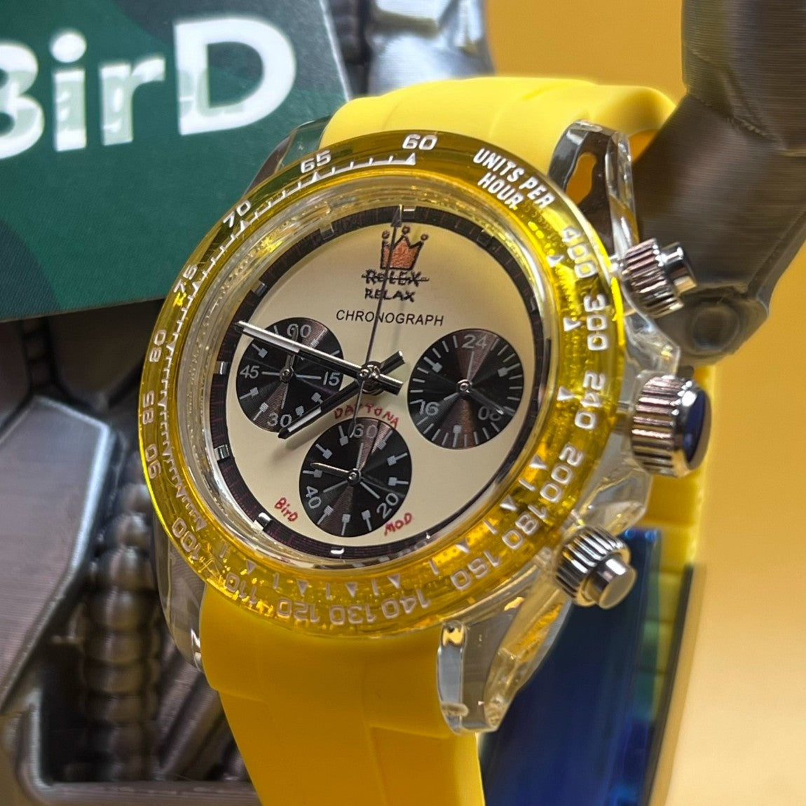 Relax Watch Mod (Yellow) - Chronograph / Clear Acrylic Case & Yellow Transparent Bezel