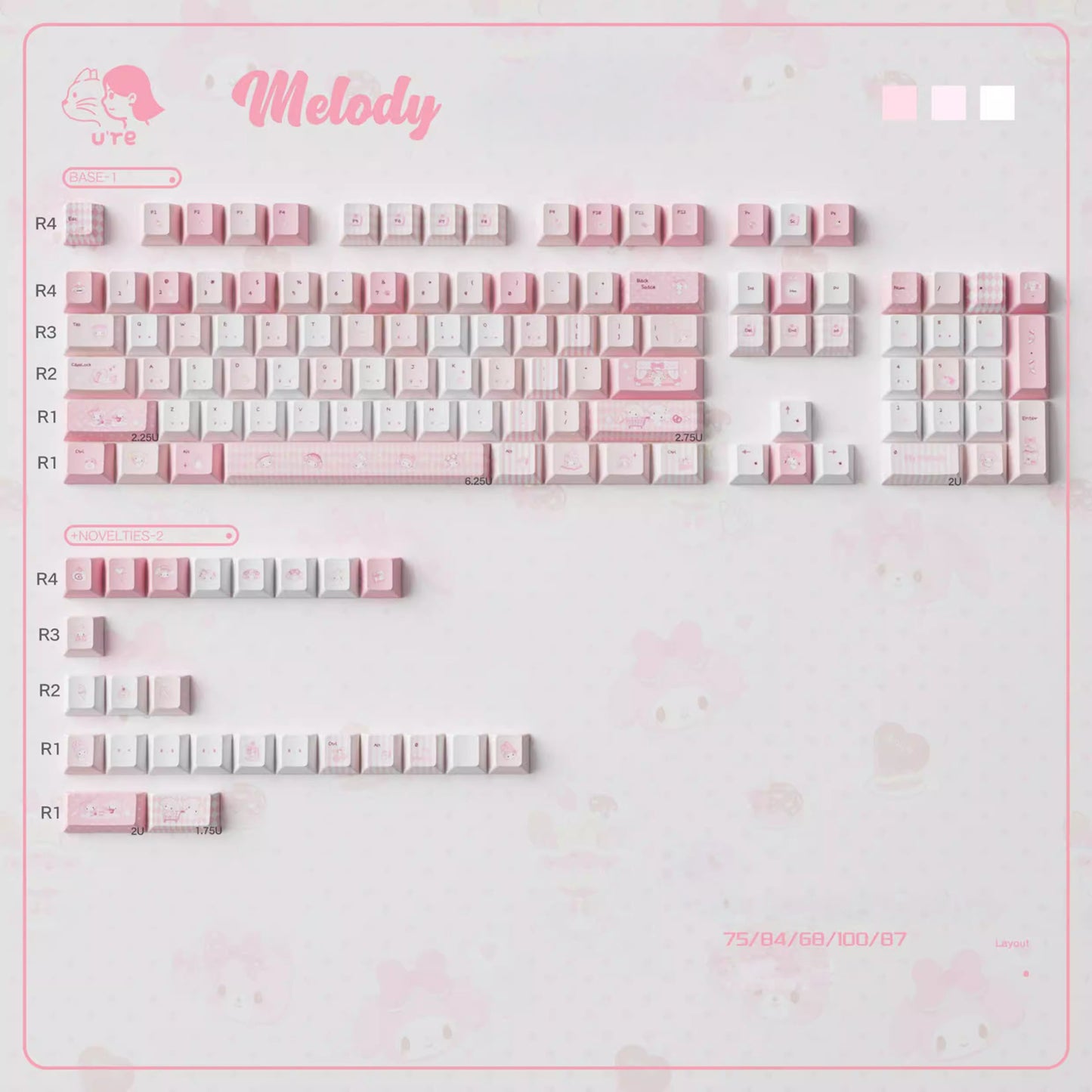 URE Melody Pink Cute Keycap Set, Cherry Profile, Dye Sub PBT + PC