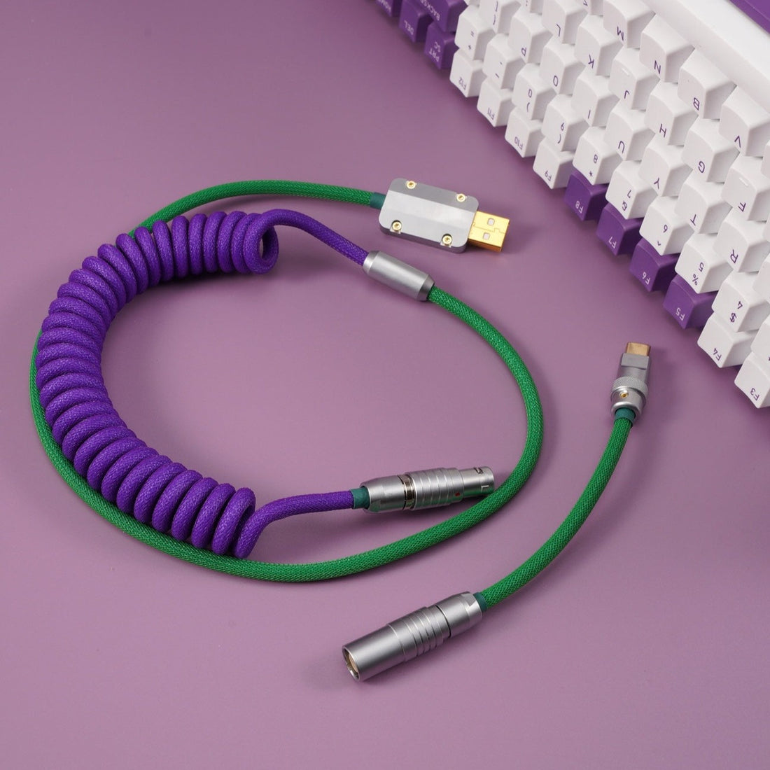 Sleeved Coiled Keyboard Aviator Cable, Lemo Style Connector - Purple/G ...