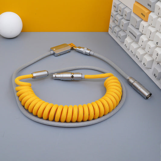 Sleeved Coiled Keyboard Aviator Cable, Lemo Style Connector - Yellow/Grey