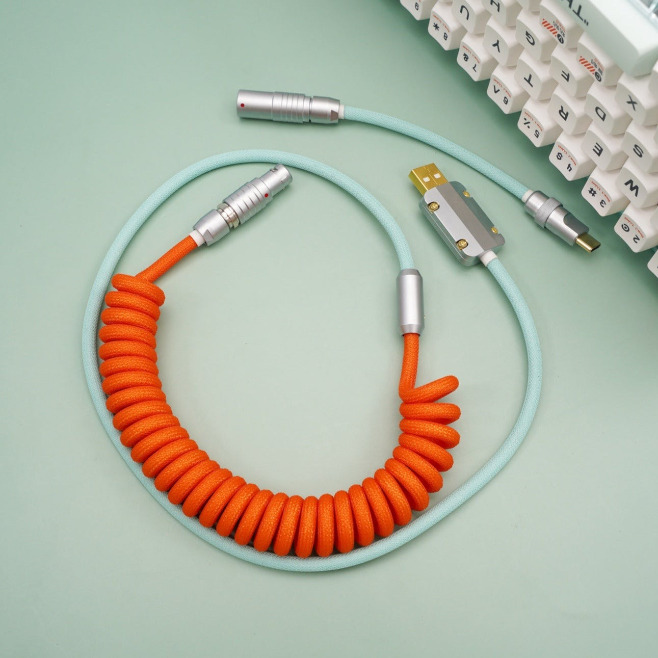 Sleeved Coiled Keyboard Aviator Cable, Lemo Style Connector - Orange/Mint