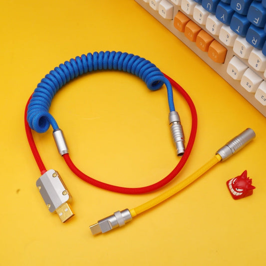 Sleeved Coiled Keyboard Aviator Cable, Lemo Style Connector - Blue/Red/Yellow
