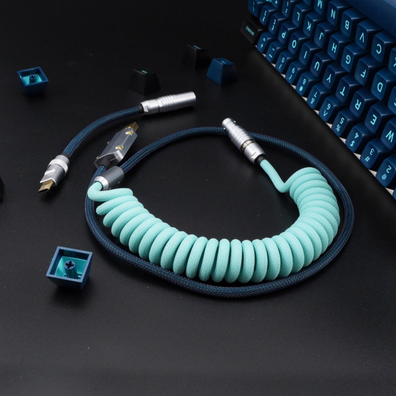 Sleeved Coiled Keyboard Aviator Cable, Lemo Style Connector - Teal/Dark Blue