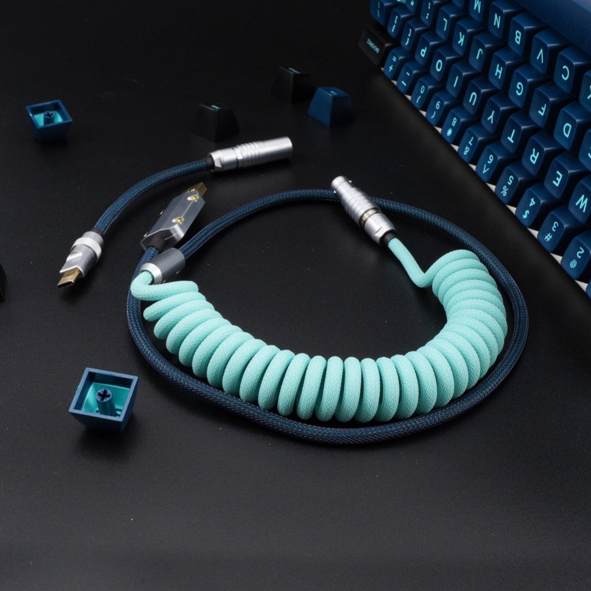 Keyboard Cable Led Sleeved Coiled Keyboard Aviator Cable, Lemo Style Connector - Teal/Dar ...