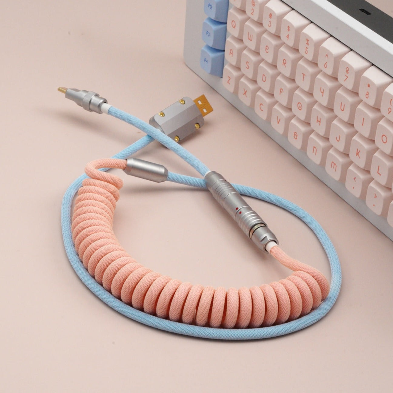 Keyboard Cable Led Sleeved Coiled Keyboard Aviator Cable, Lemo Style Connector - Peach/Li ...