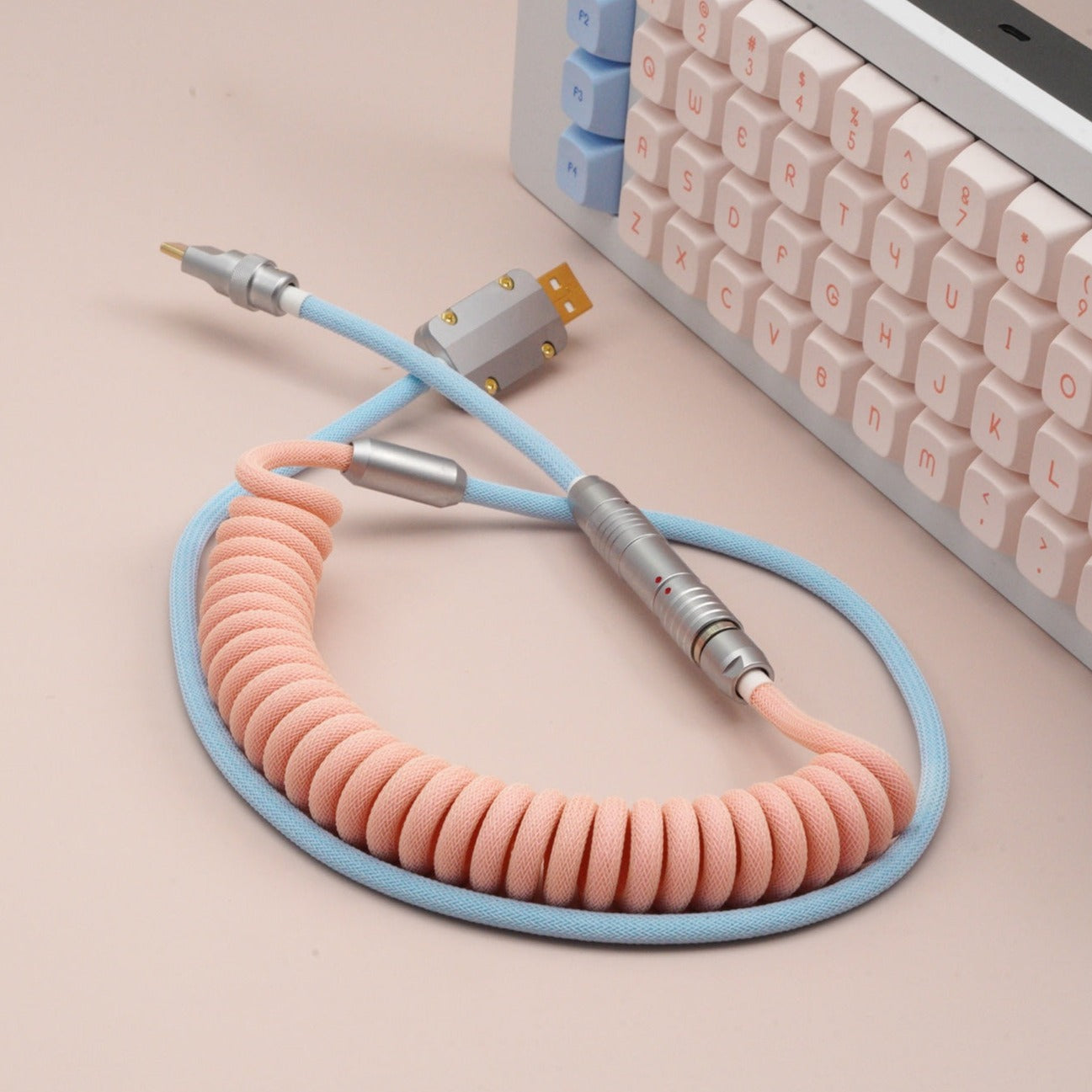 Sleeved Coiled Keyboard Aviator Cable, Lemo Style Connector - Peach/Light Blue
