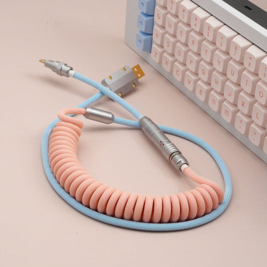 Sleeved Coiled Keyboard Aviator Cable, Lemo Style Connector - Peach/Light Blue