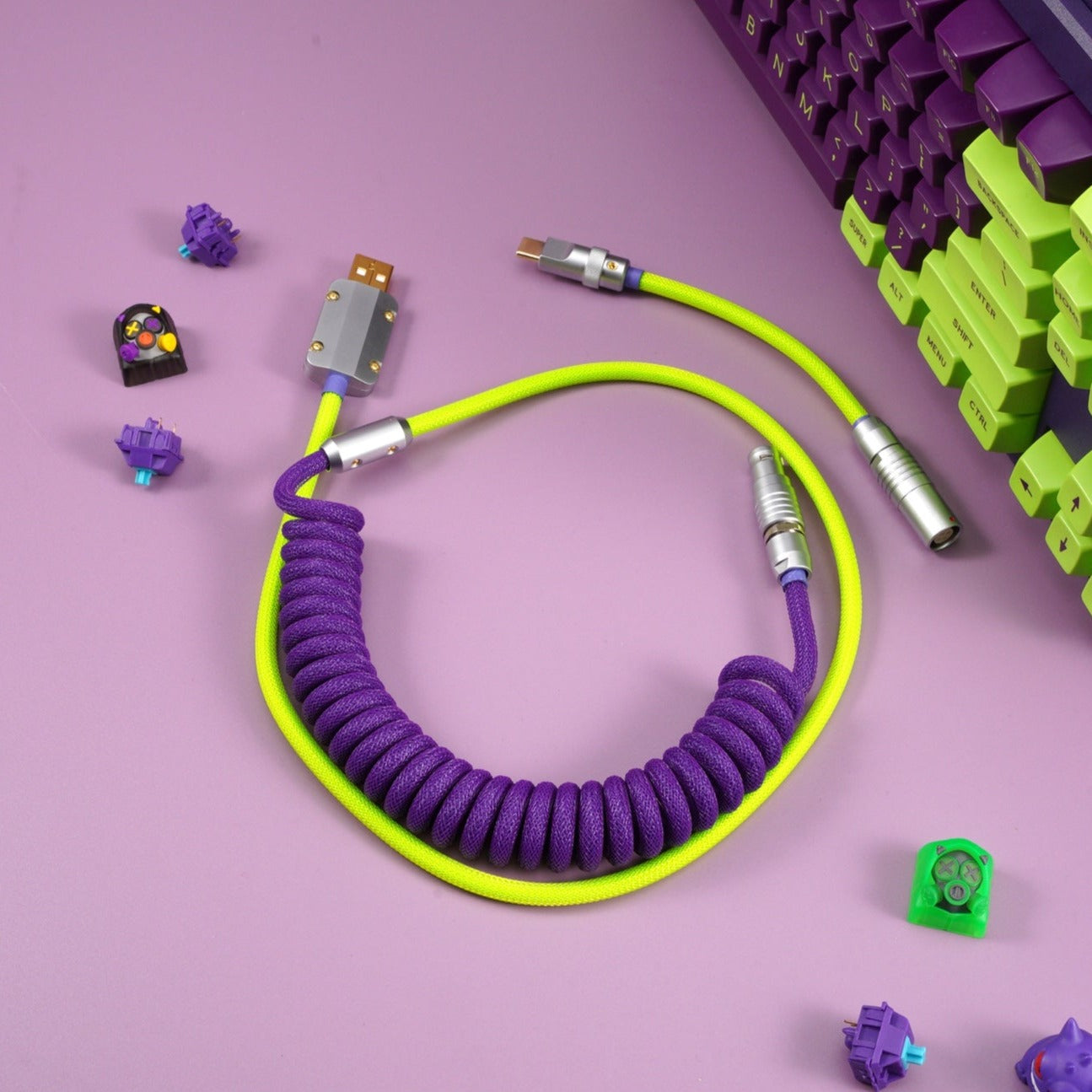 Sleeved Coiled Keyboard Aviator Cable, Lemo Style Connector - Purple/Neon Green