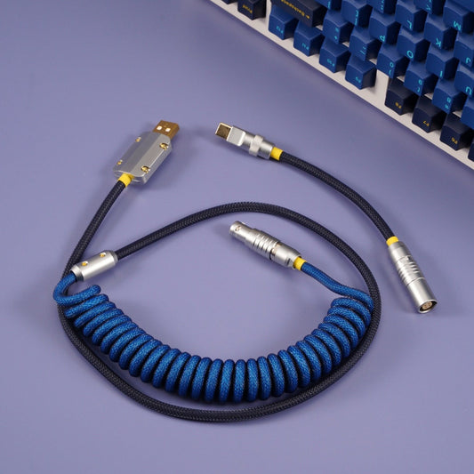 Sleeved Coiled Keyboard Aviator Cable, Lemo Style Connector - Blue/Navy