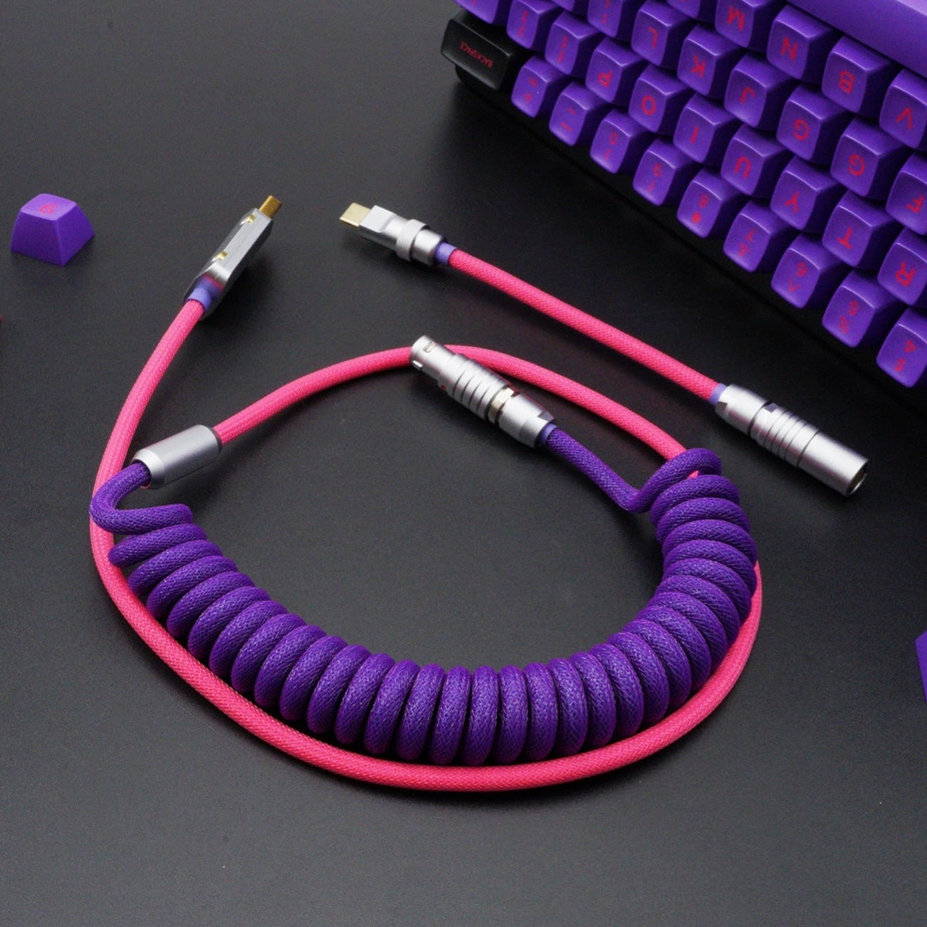 Sleeved Coiled Keyboard Aviator Cable, Lemo Style Connector - Purple/Neon Pink