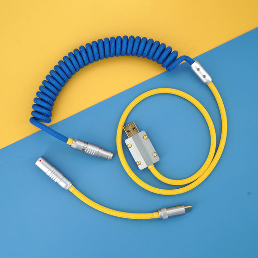 Sleeved Coiled Keyboard Aviator Cable, Lemo Style Connector - Blue/Yellow