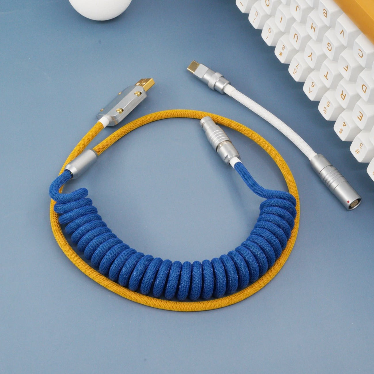 Sleeved Coiled Keyboard Aviator Cable, Lemo Style Connector - Blue/Gold/White