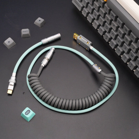 Sleeved Coiled Keyboard Aviator Cable, Lemo Style Connector - Grey/Mint