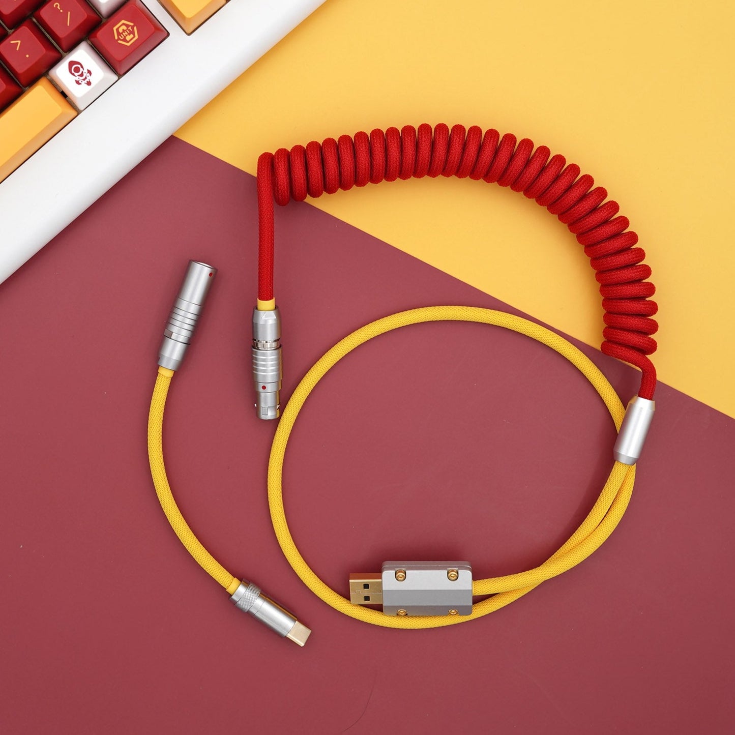 Sleeved Coiled Keyboard Aviator Cable, Lemo Style Connector - Red/Yellow