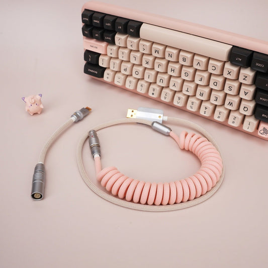 Sleeved Coiled Keyboard Aviator Cable, Lemo Style Connector - Pink/Beige