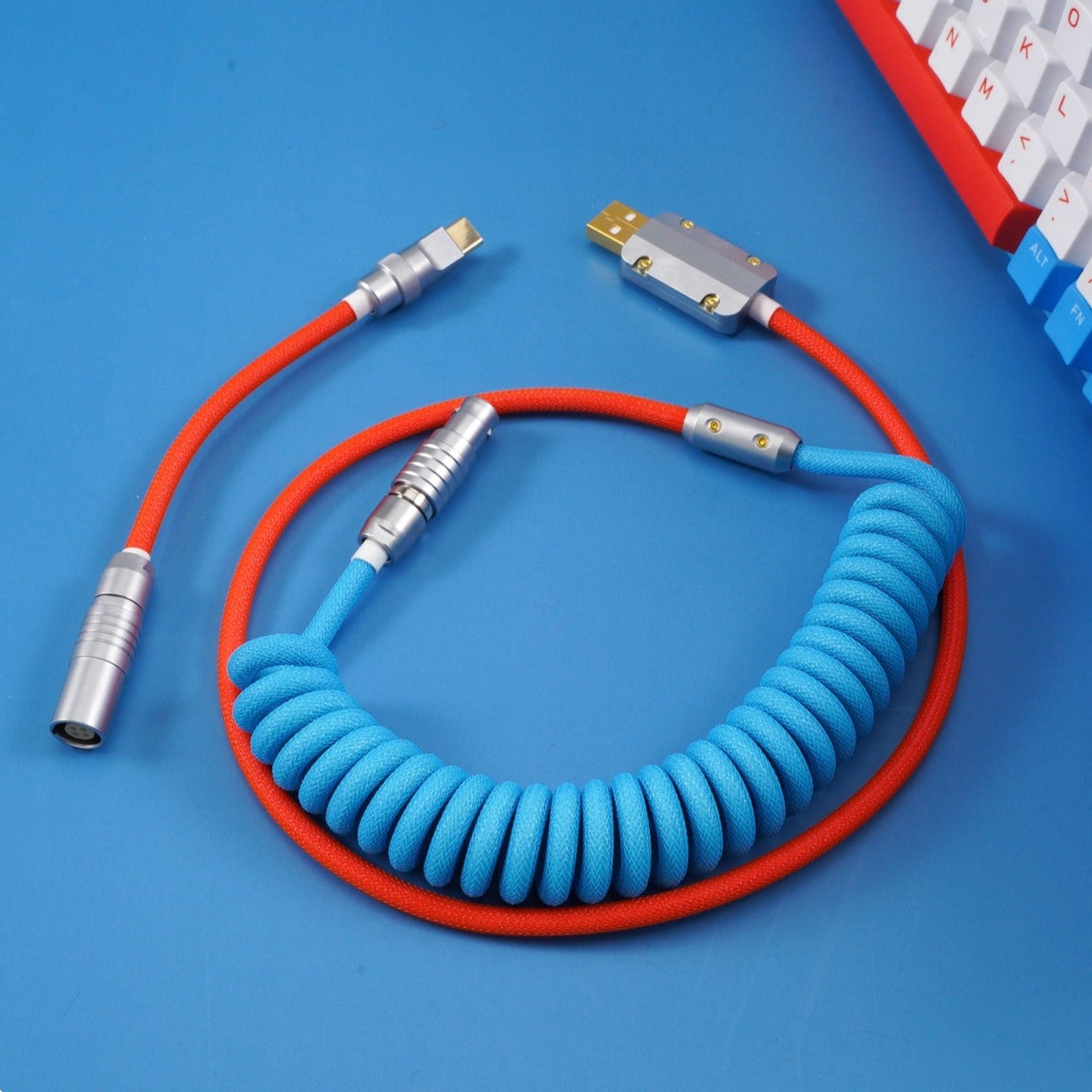 Sleeved Coiled Keyboard Aviator Cable, Lemo Style Connector - Blue/Red