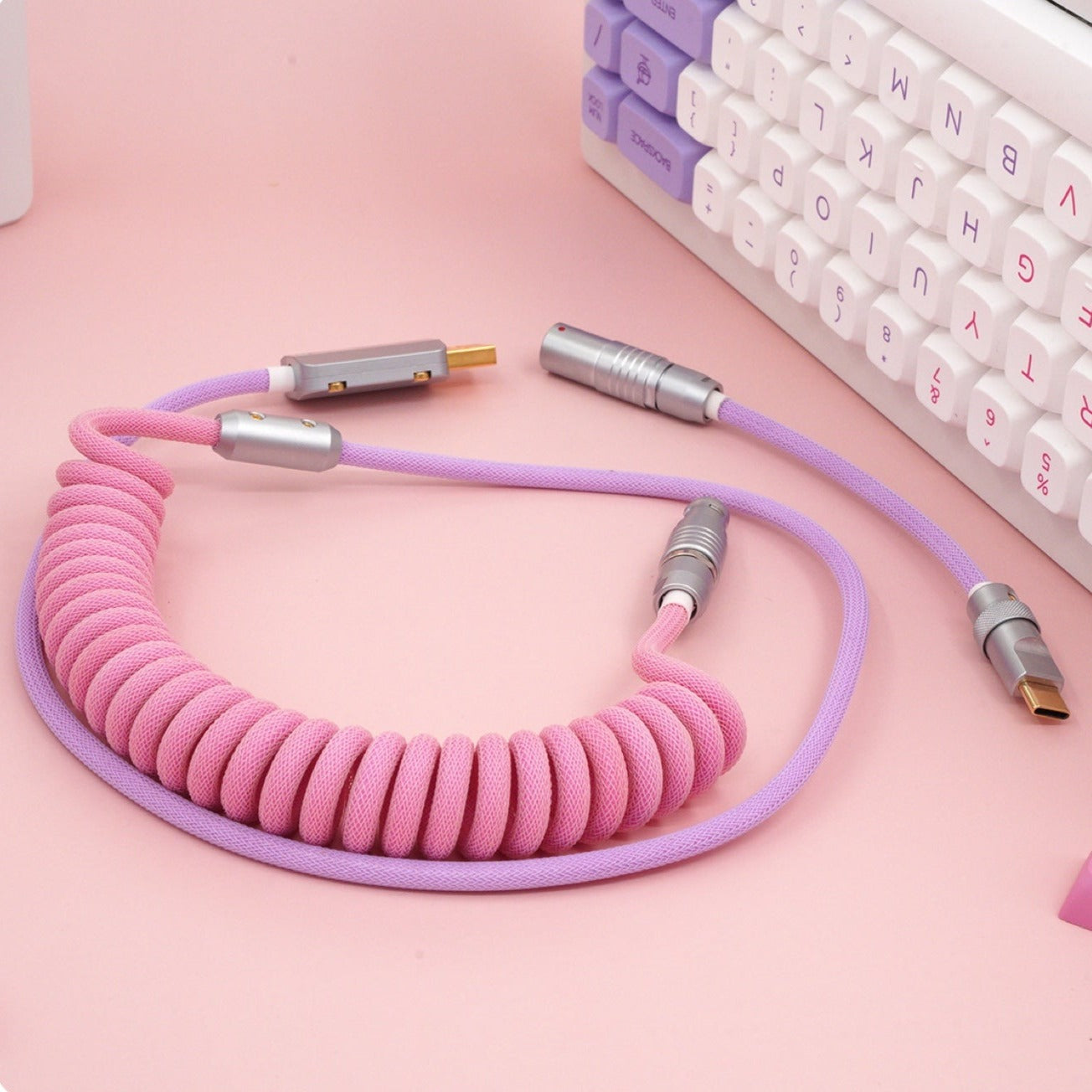 Sleeved Coiled Keyboard Aviator Cable, Lemo Style Connector - Pink/Purple