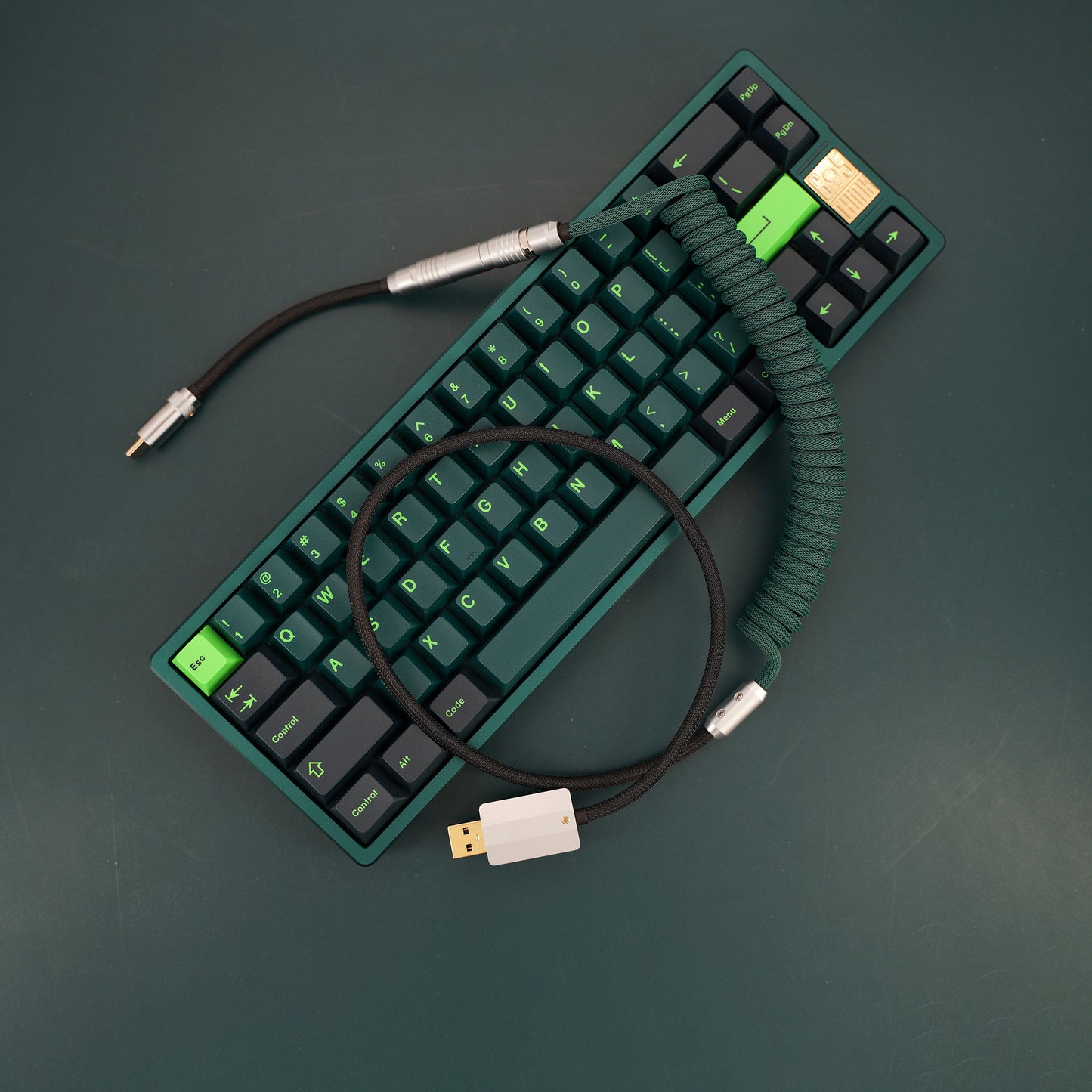 Sleeved Coiled Keyboard Aviator Cable, Lemo Style Connector - Dark Green/Black