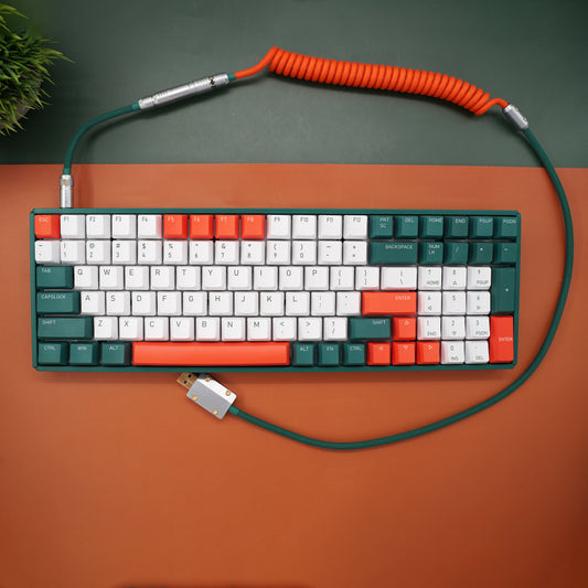 Sleeved Coiled Keyboard Aviator Cable, Lemo Style Connector - Orange/Green