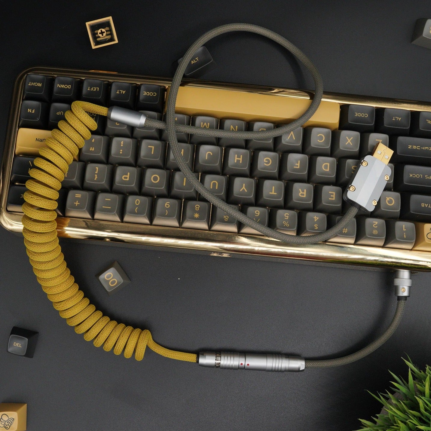 Sleeved Coiled Keyboard Aviator Cable, Lemo Style Connector - Gold/Earth