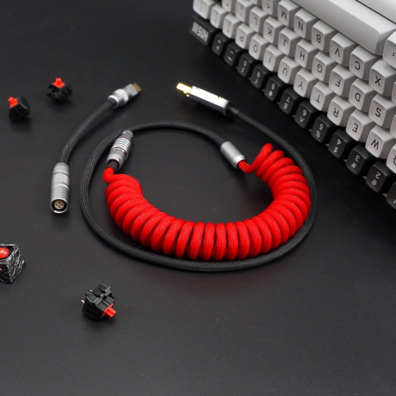 Sleeved Coiled Keyboard Aviator Cable, Lemo Style Connector - Red/Black