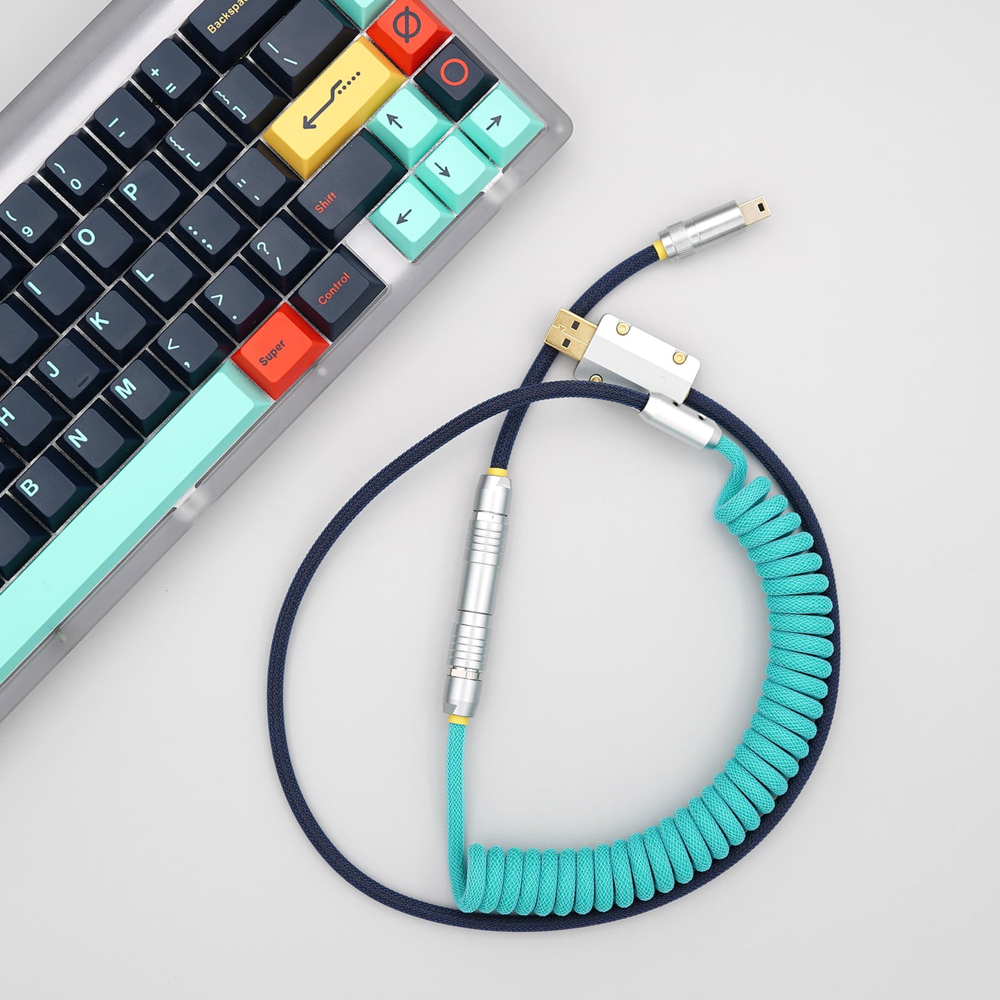 Sleeved Coiled Keyboard Aviator Cable, Lemo Style Connector - Teal/Navy