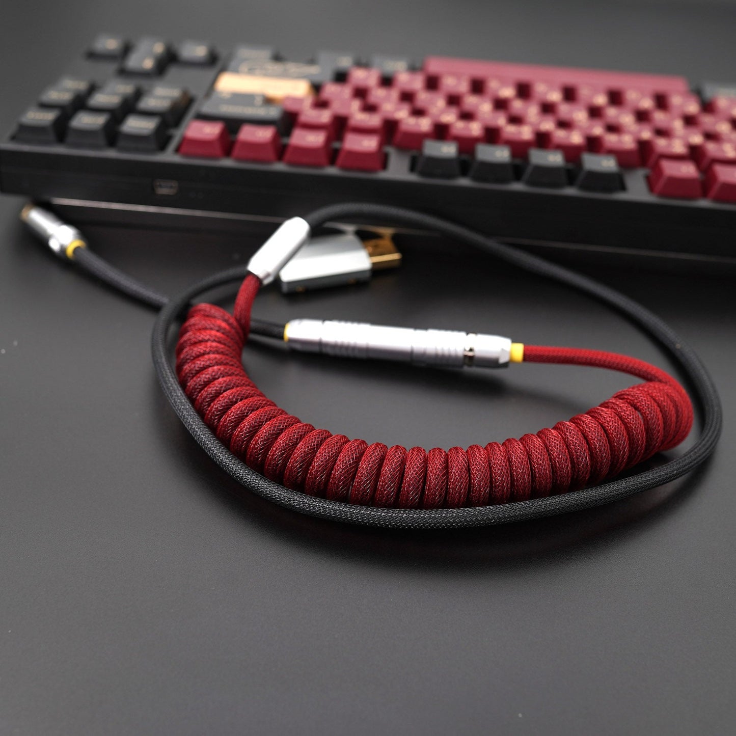 Sleeved Coiled Keyboard Aviator Cable, Lemo Style Connector - Burgundy/Black