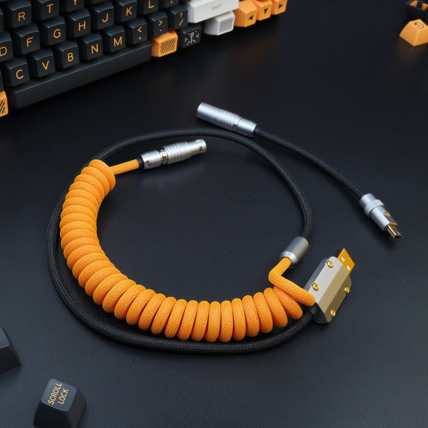 Sleeved Coiled Keyboard Aviator Cable, Lemo Style Connector - Tangerine/Black
