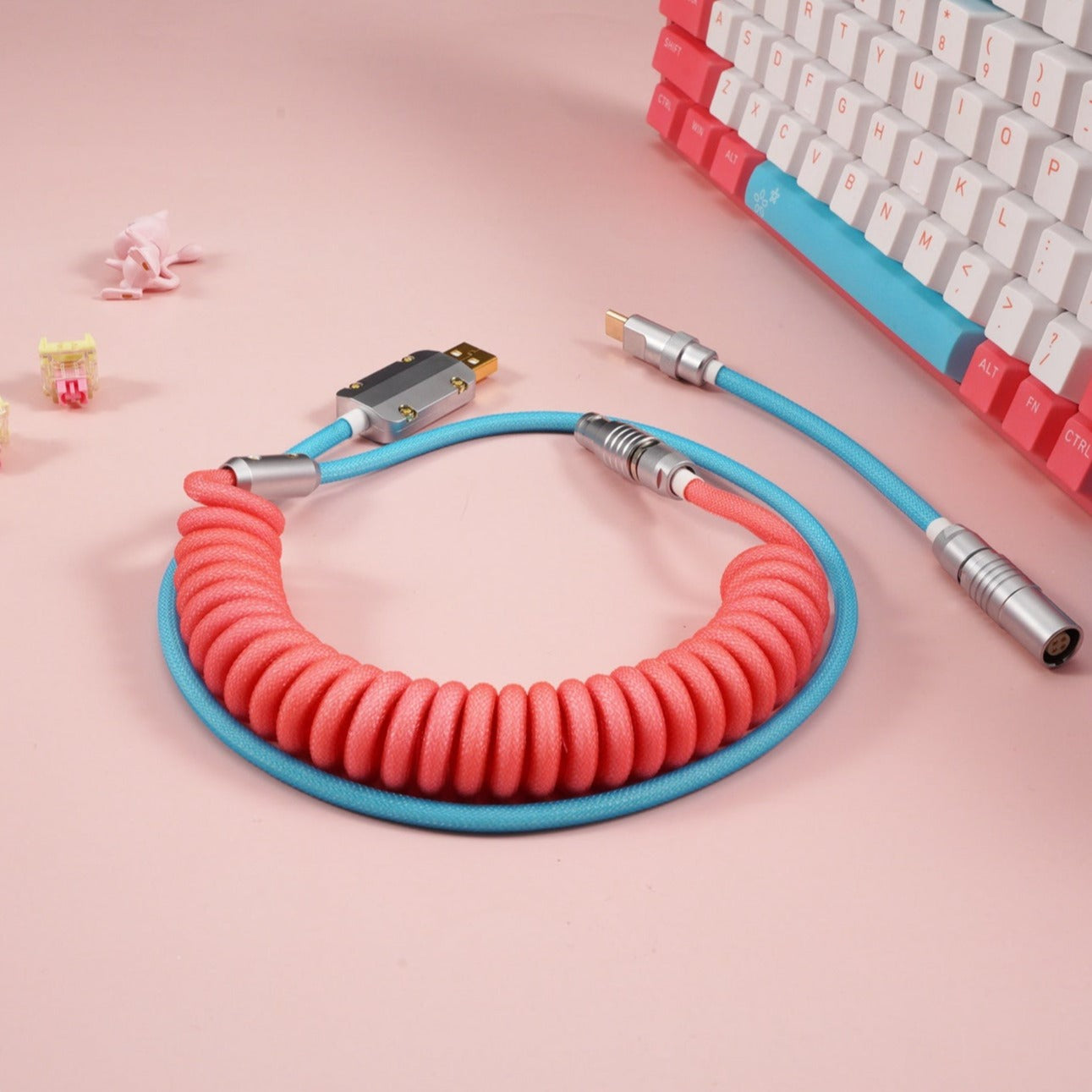 Sleeved Coiled Keyboard Aviator Cable, Lemo Style Connector - Pink/Teal