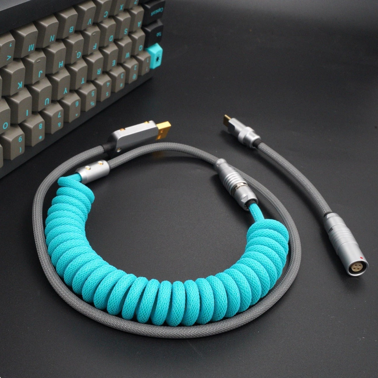 Sleeved Coiled Keyboard Aviator Cable, Lemo Style Connector - Teal /Grey
