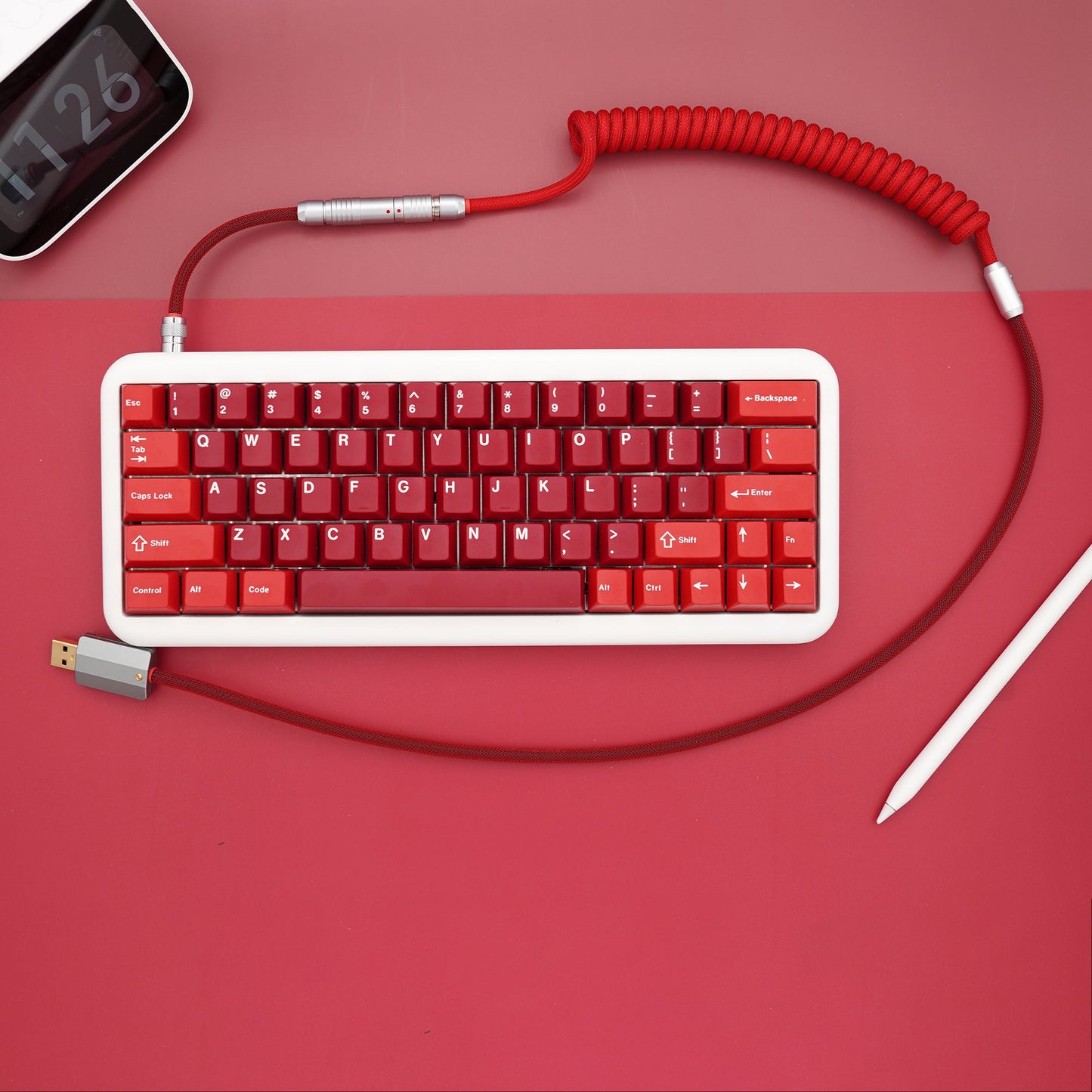 Sleeved Coiled Keyboard Aviator Cable, Lemo Style Connector - Classic Red