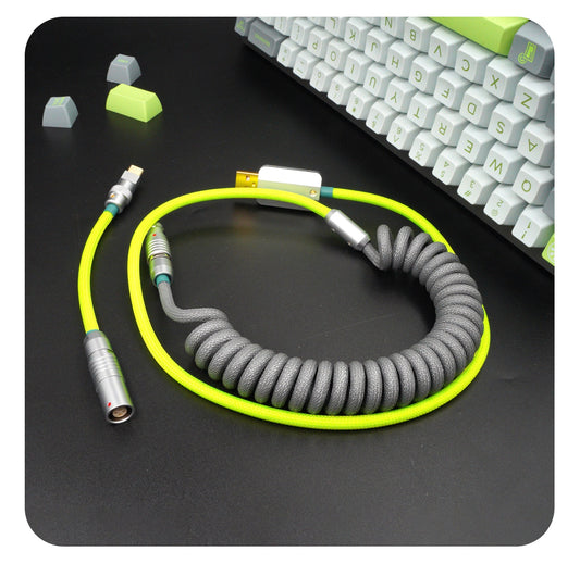 Sleeved Coiled Keyboard Aviator Cable, Lemo Style Connector - Grey/Neon Green