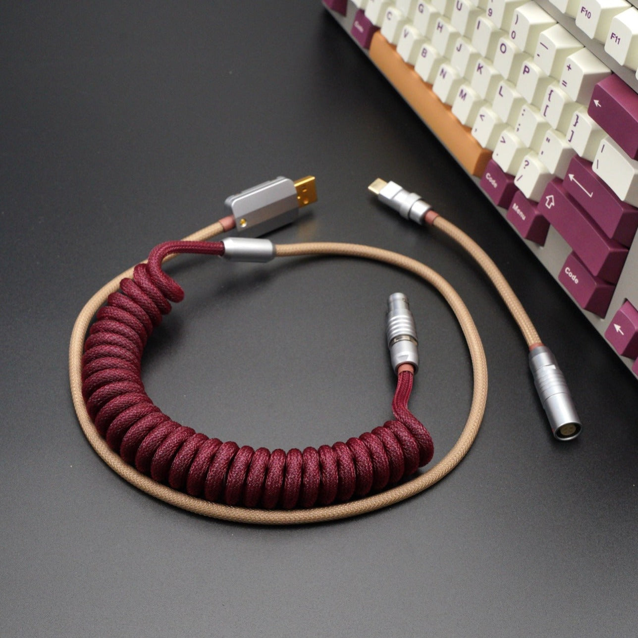 Sleeved Coiled Keyboard Aviator Cable, Lemo Style Connector - Burgundy/Light Brown