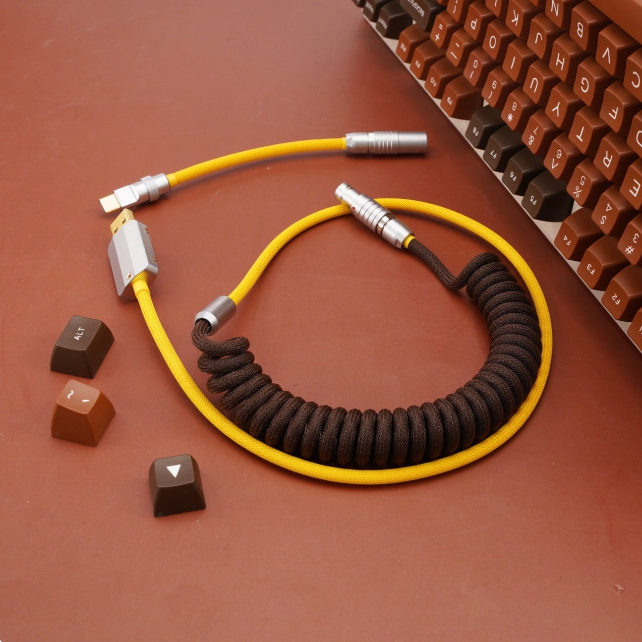 Sleeved Coiled Keyboard Aviator Cable, Lemo Style Connector - Brown/Yellow
