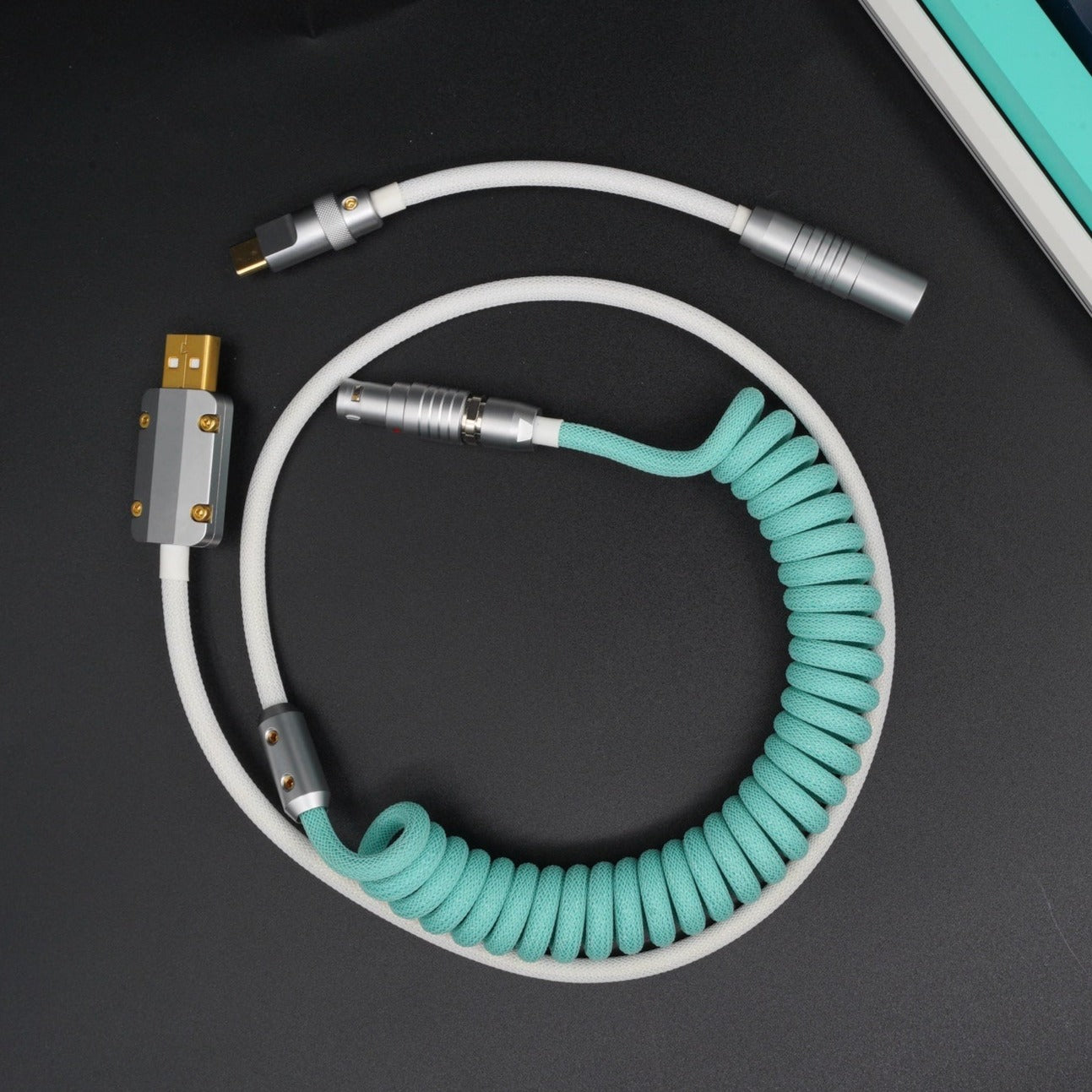 Sleeved Coiled Keyboard Aviator Cable, Lemo Style Connector - Teal/White